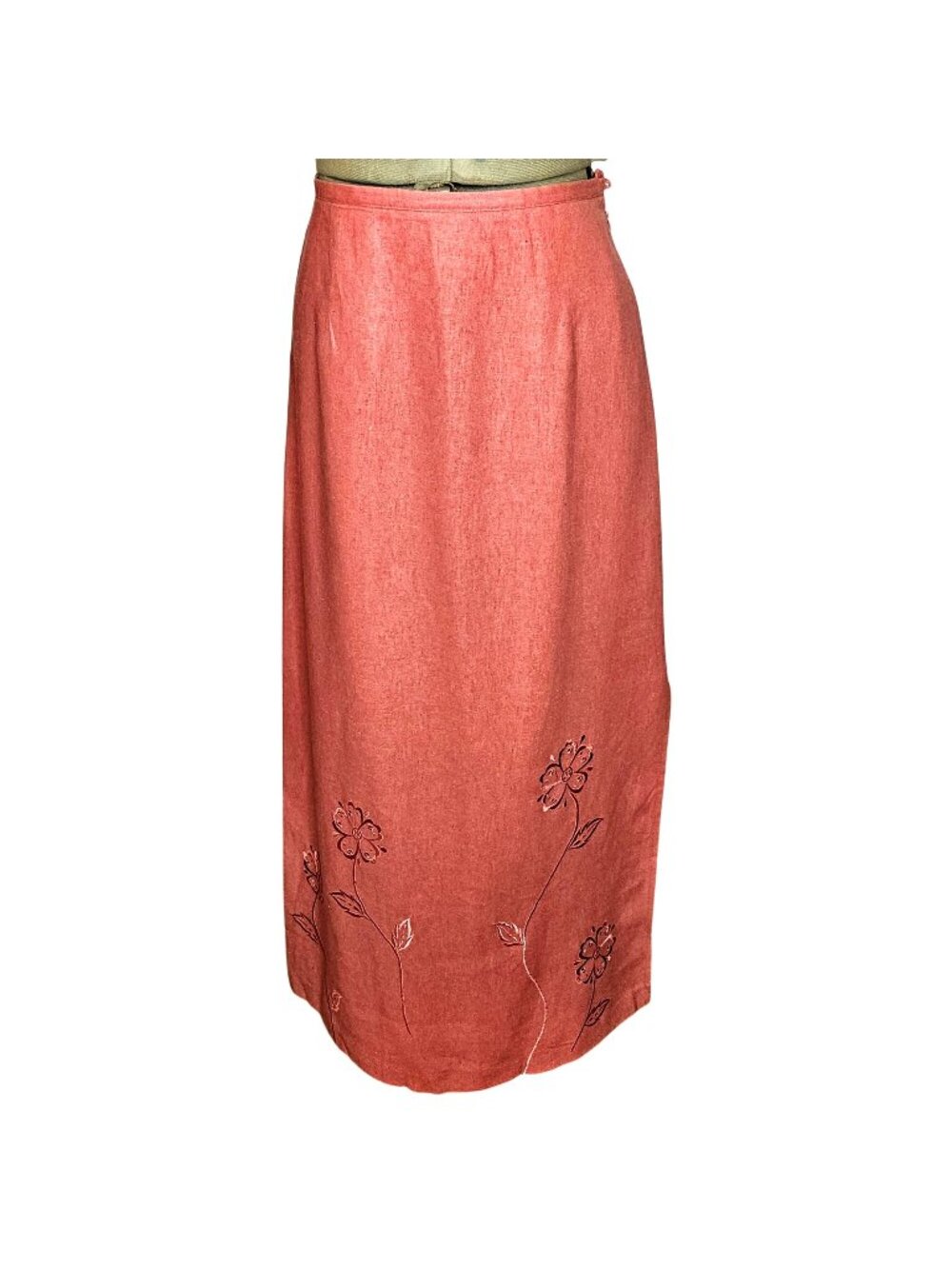 Woman's officecore minimalist whimsy floral embroidered maxi linen/rayon skirt M